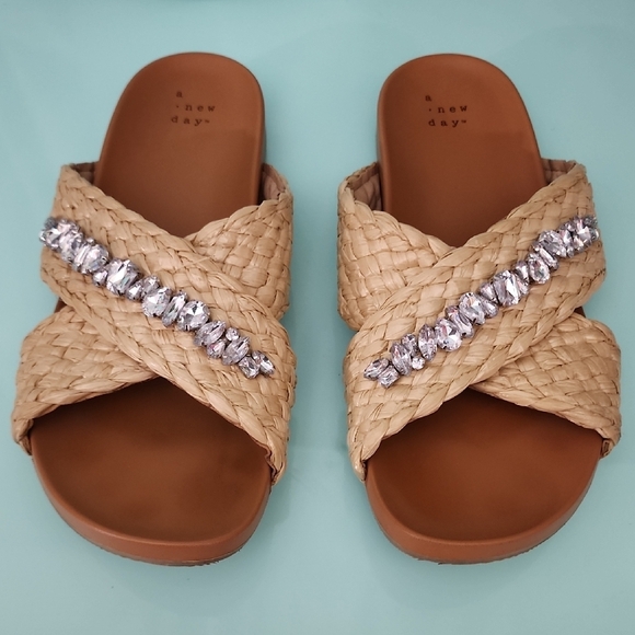A New Day Tan and Silver Sandals with Woven Straps - Picture 1 of 3